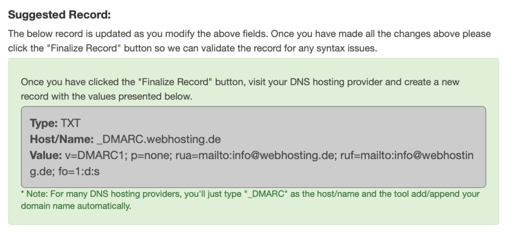 DMARC Generator mit mxtoolbox