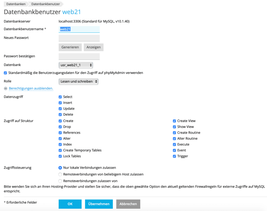 Plesk Datenbankbenutzer