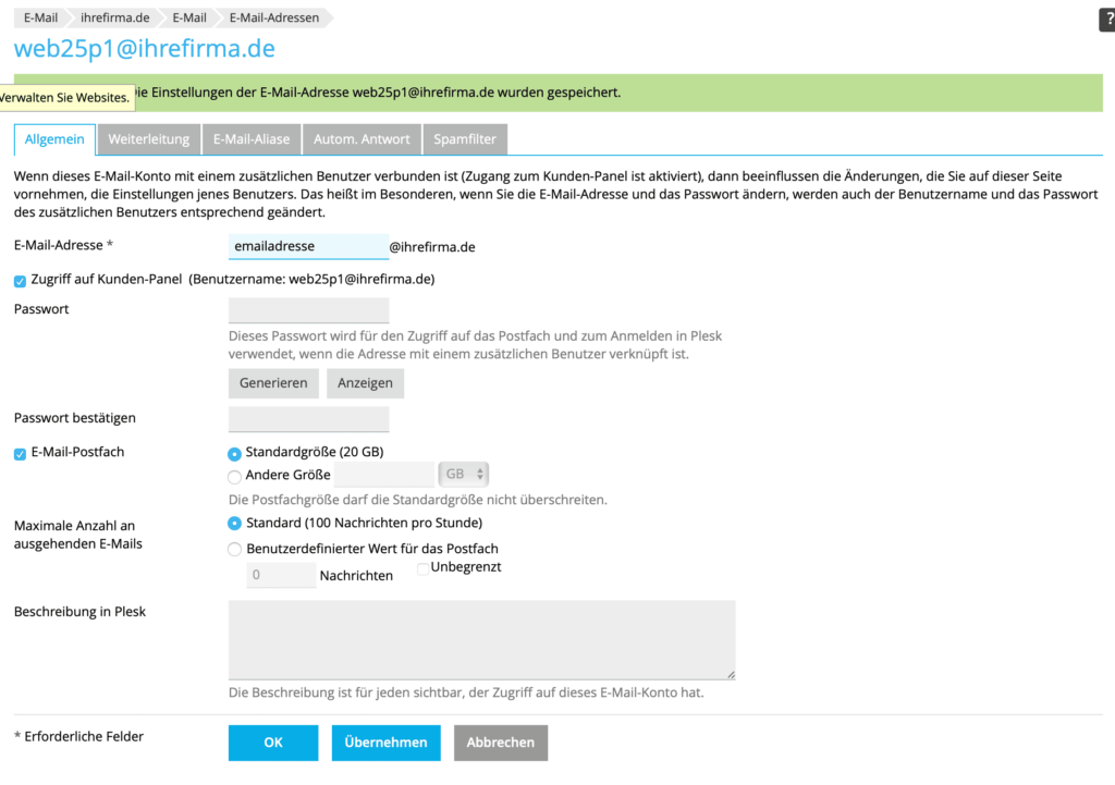 Plesk eMail Adresse umbenennen